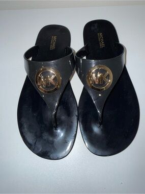 Michael Kors Black Jelly Thong Sandals with Gold MK Emblem